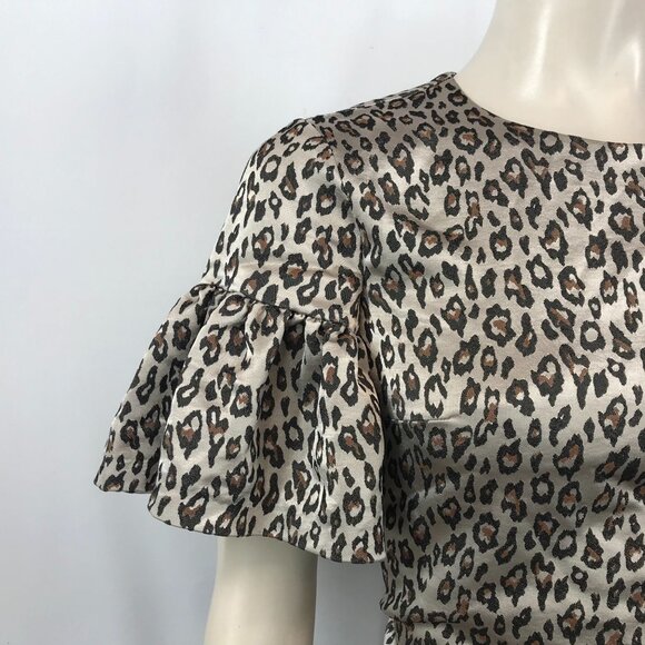 BANANA REPUBLIC - WOMENS 2 - BLACK BROWN LEOPARD PRINT SHORT RUFFLE SLEEVE DRESS - Picture 2 of 8